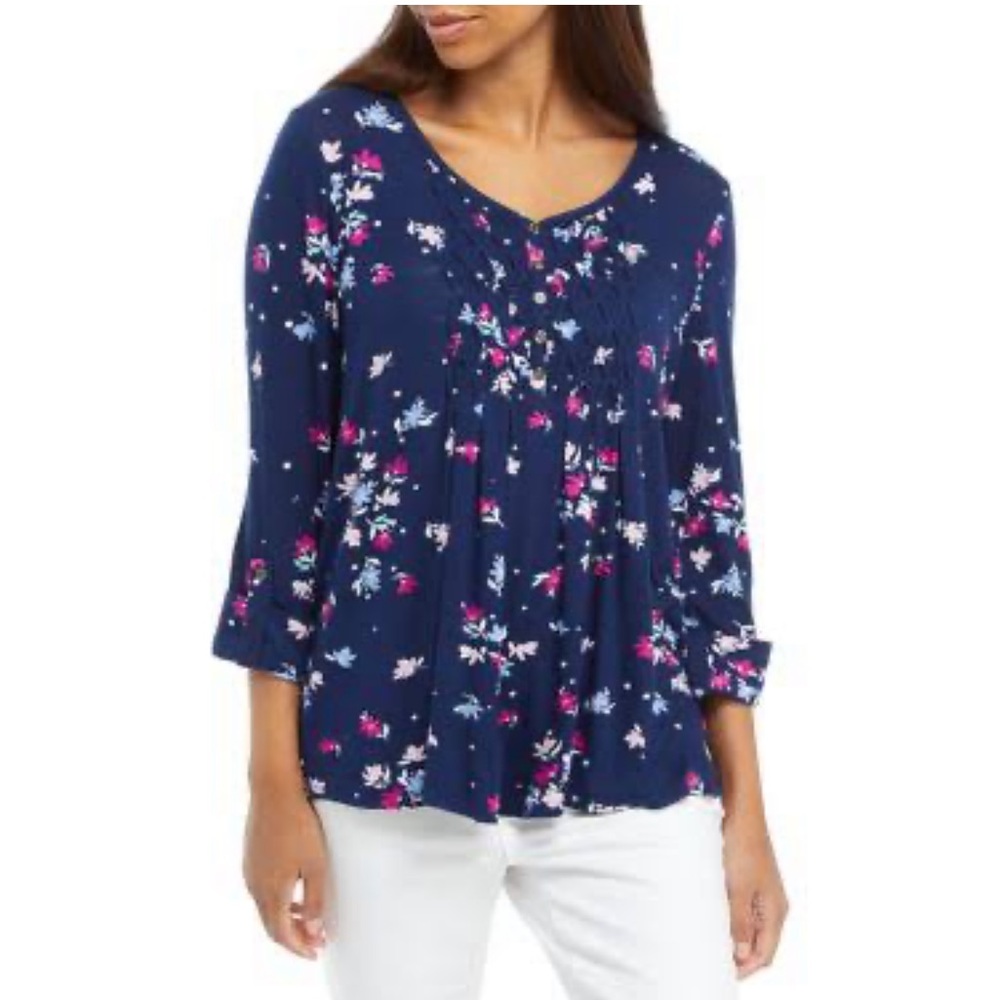 Kim Rogers Floral Navy 3/4 Sleeve top Size 2X - Picture 2 of 14